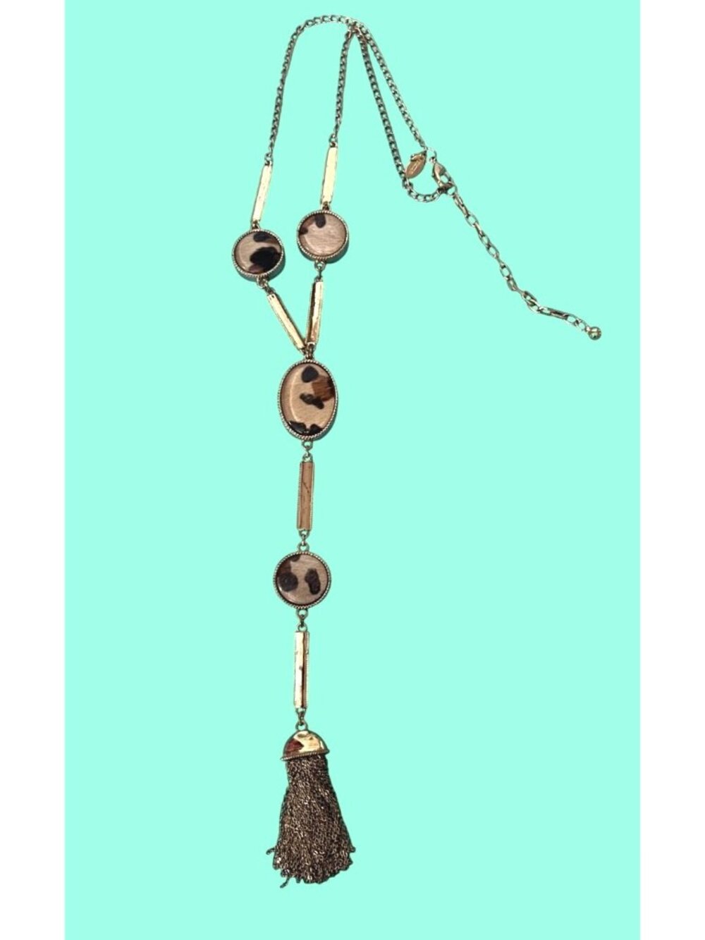 Vintage Chico's Gold-Toned Tassel Necklace With Faux Tortoise and animal print - Picture 8 of 12